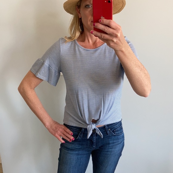 Blue & White Stripe Ruffle Sleeve Top - Picture 2 of 10